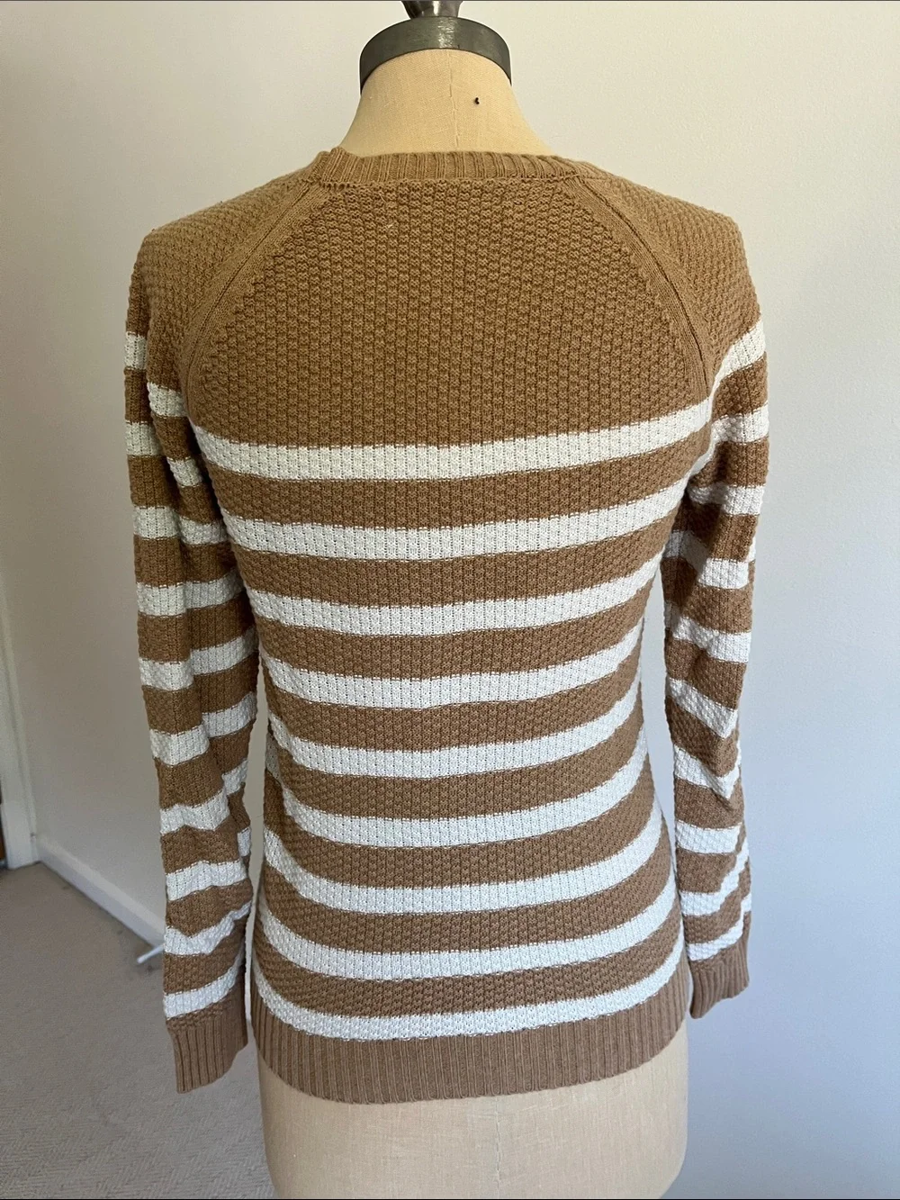 LOFT Camel and White Striped Crewneck Sweater